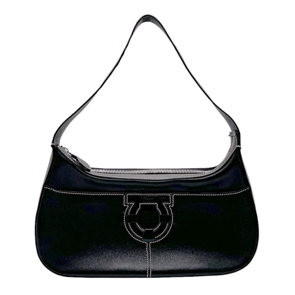 Authentic Salvatore Ferragamo Black Gancini Leather Baguette Shoulder Bag Auth